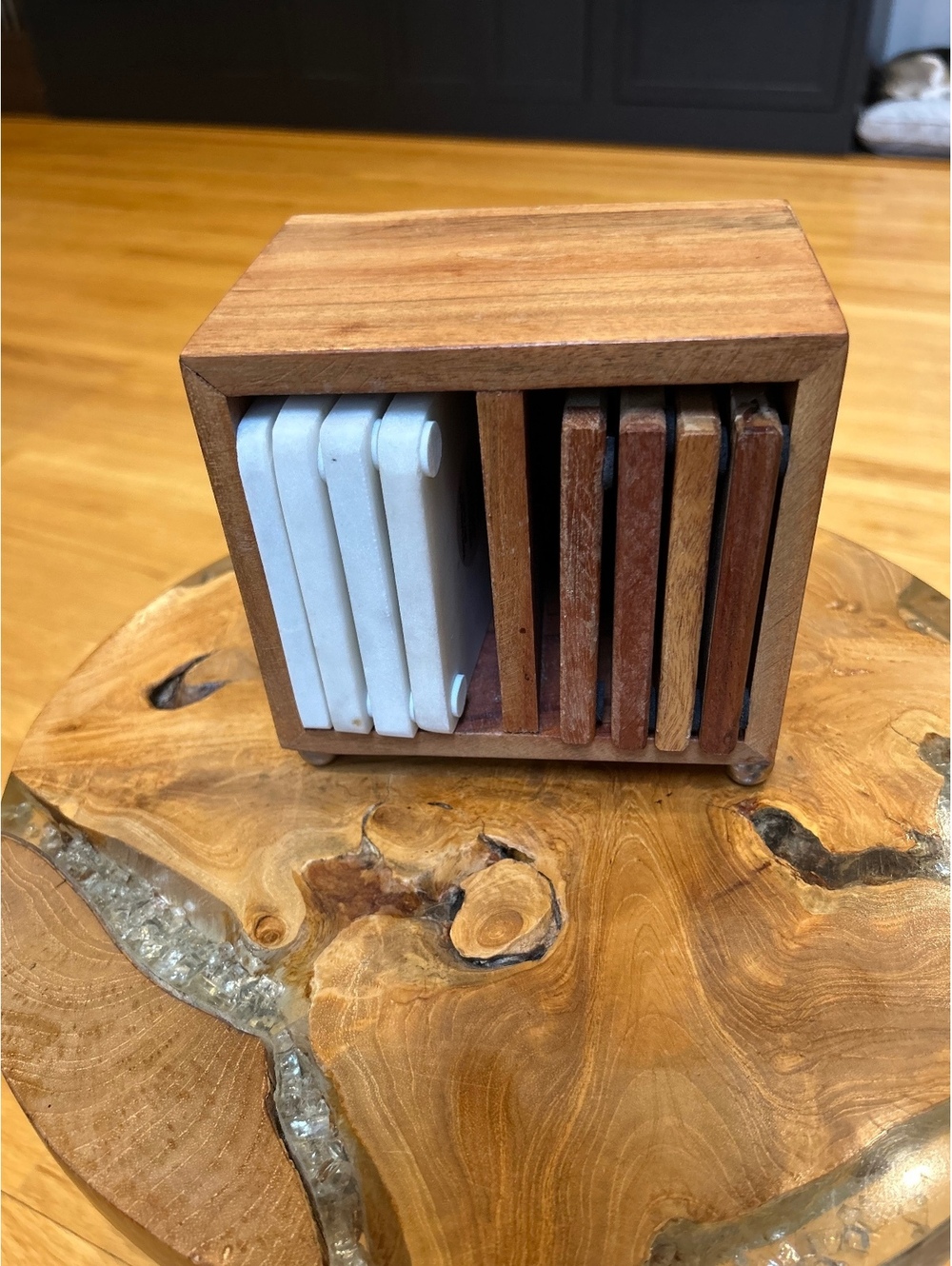 Wood and Marble Coaster Set with Wooden Holder